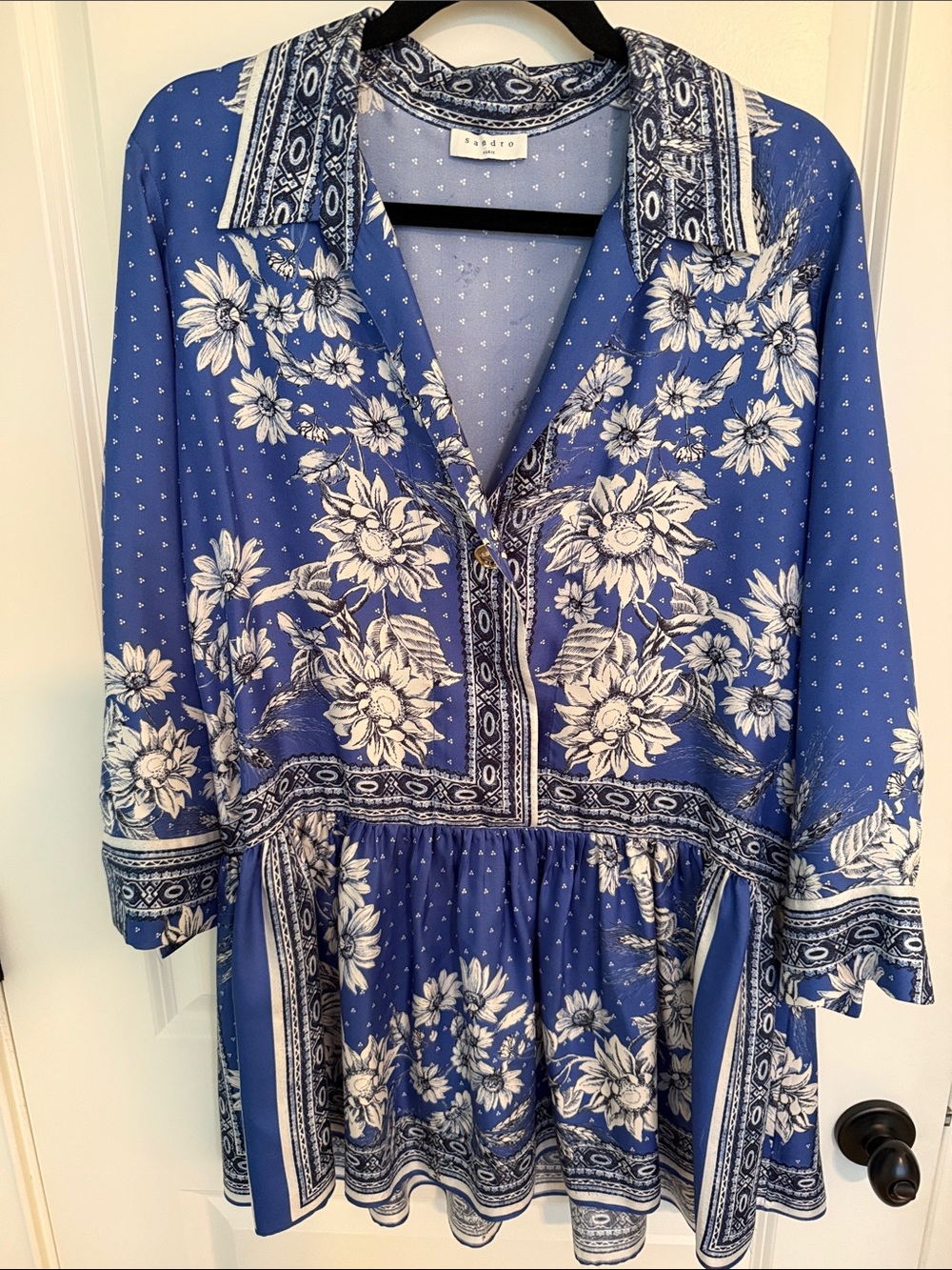 Sandro Blue Printed Silk Dress with Paisley Trim, cuff long sleeve  size 36